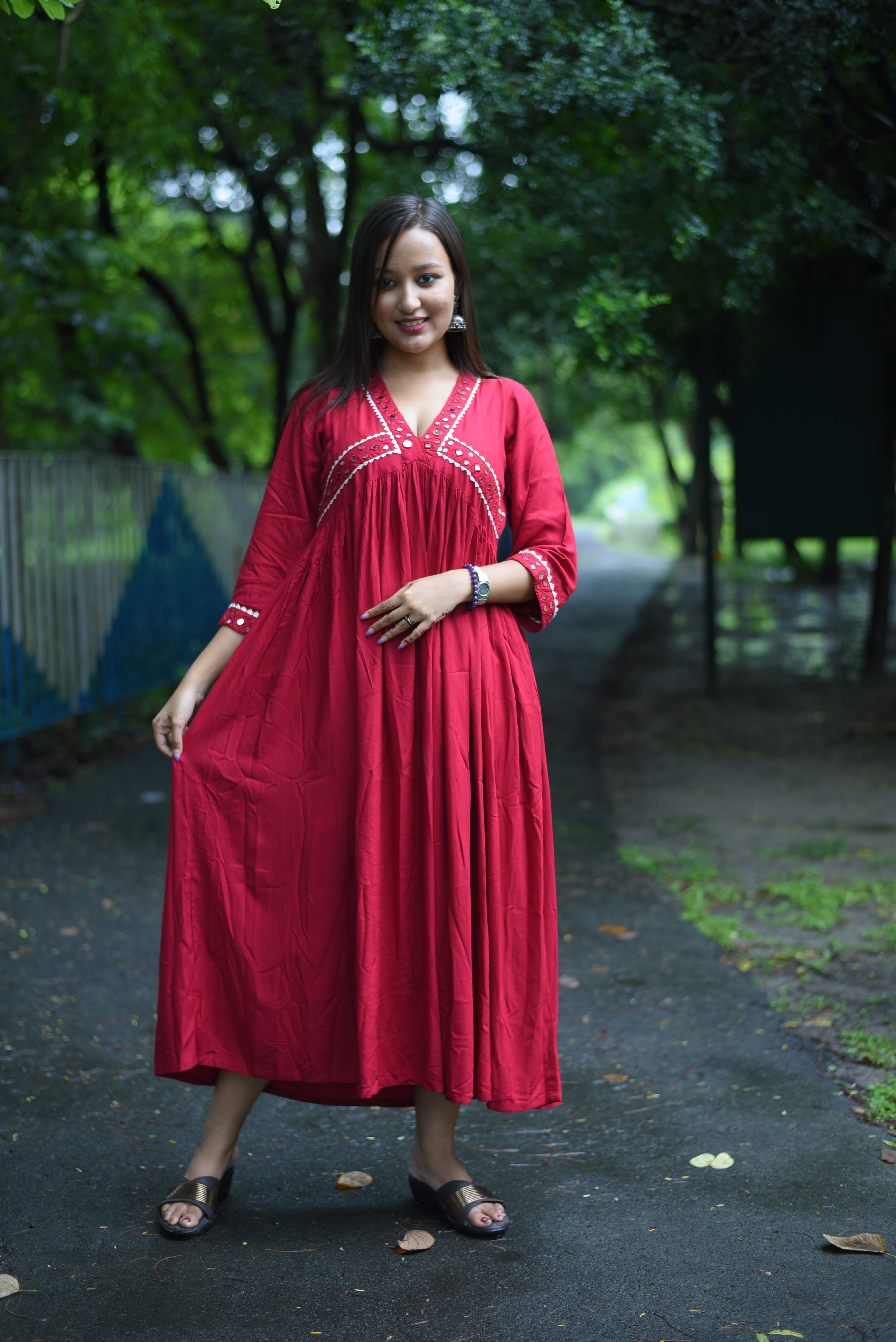 Maroon Rayon Handcrafted Mirror Dress